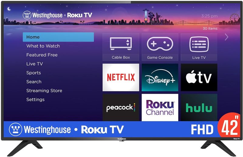 Photo 1 of ***MISSING LEGS AND REMOTE - POWERS ON - UNABLE TO TEST FURTHER***
Westinghouse Roku TV - 42 Inch Smart Television, 1080P LED Full HD with Wi-Fi Connectivity and Mobile App, Flat Screen Compatible with Apple Home Kit, Alexa and Google Assistant