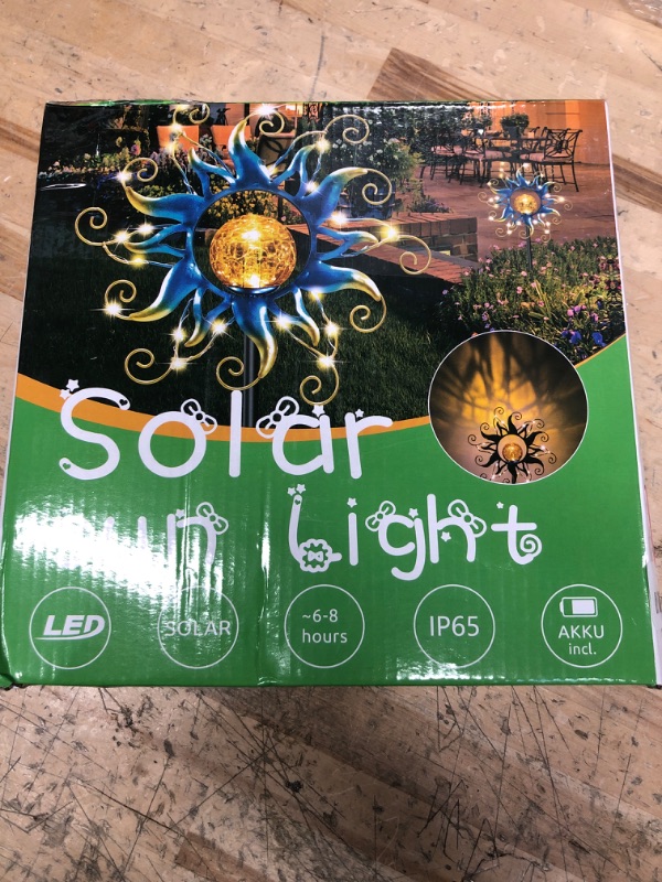 Photo 1 of Kacux Solar Garden Lights Metal Sun Decor, Golden Blue Stake Decorative with Vine String Shining LED Lamps Art Sculpture Crackle Glass Globe Outdoor Lawn Yard Ornament
