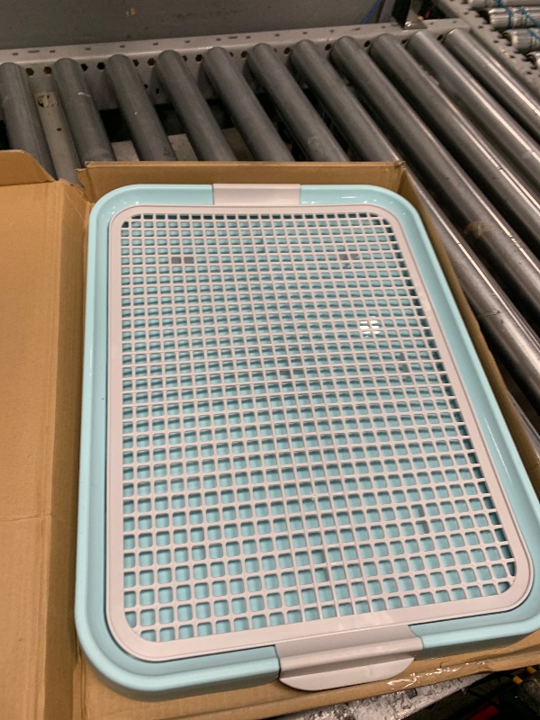 Photo 1 of *DOES NOT COME WITH PUPPY PADS* Dog Potty Tray Toilet 20"x14" Doggy Bathroom Dog Litter Box, Indoor Pee Pad Holder with 8pcs Training Pads, Puppy Pee Mesh Potty Tray with Secure Latch, Dog Potty Pan for Small Medium Puppie - Blue