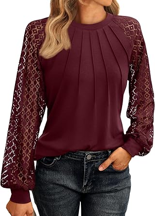 Photo 1 of AUTOMET Womens Long Sleeve Shirts Lace Tops Business Casual Fall Fashion Outfits Clothes Knitted Y2k Blouses (Red XXL)