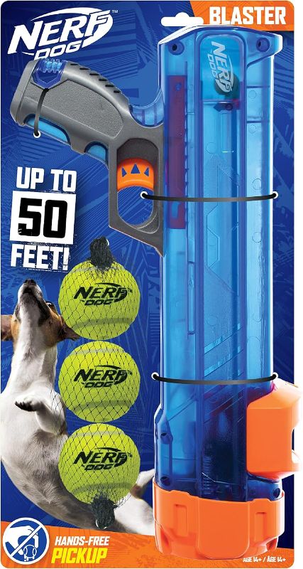 Photo 1 of Nerf Dog Tennis Ball Blaster Dog Toy Gift Set, Tennis Ball Dog Fetch Toy Launches up to 50 ft, Dog Ball Thrower for All Breeds Includes Translucent Blue Tennis Ball Launcher and 3 Dog Tennis Balls
