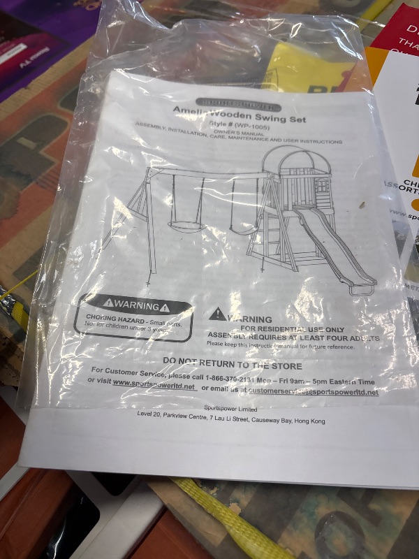 Photo 3 of ***INCOMPLETE - MISSING PARTS - UNABLE TO VERIFY FUNCTIONALITY***
Sportspower Amelia Heavy Duty Wooden A-Frame Swing Set: Saucer + Adjustable Swing, 6ft Blow Molded Slide, Play Fort/Rock Climb Wall + Sandbox, EXCEEDS ASTM Safety Standards*Bonus Anchor Kit