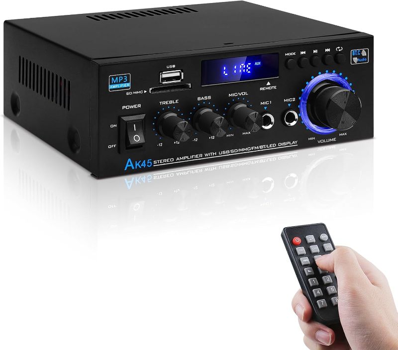 Photo 1 of Audio Amplifier Receivers-AK45 Bluetooth 5.0 HiFi Stereo Mini Power Amplifier RMS 40W x 2 Max. 400W 2.0 Channel Home Theater Audio Components Speakers Amp W/MIC,USB, RCA,FM Radio
