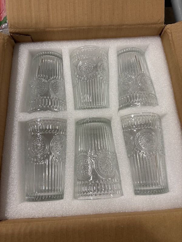 Photo 1 of Vintage Glassware Romantic Drinking Glasses - 12 oz Cocktail Glasses Set of 6 Embossed Water Glasses Drinking Perfect Glass Cups for Coffee, Cocktails, and Beverages Dishwasher Safe Ideal Gifts