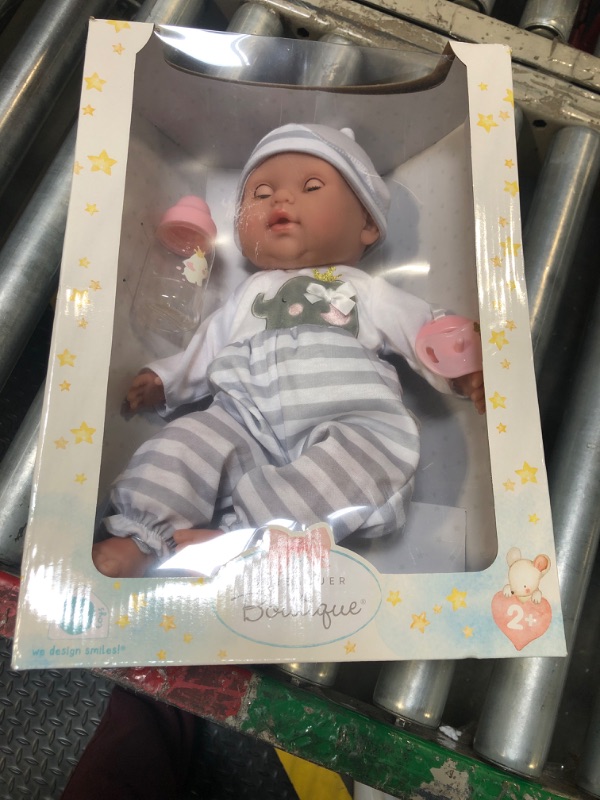 Photo 2 of 15" Realistic Soft Body Baby Doll with Open/Close Eyes | JC Toys - Berenguer Boutique | Bottle & Pacifier | Grey | Ages 2+