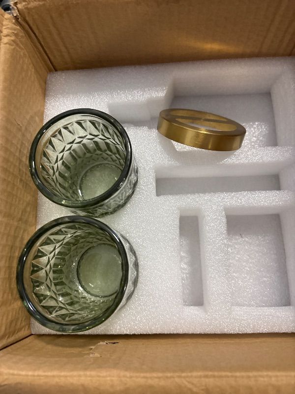 Photo 1 of **MISSING SEVERAL PIECES**EMPO 6PCS Bathroom Clear Glass Accessories Set (Lotion Soap Dispenser, Soap Dish, Toothbrush Holder, Tumbler, Cotton Swab Jar), Contemporary Modern Decor Crystal Vintage Gift (6pcs Green) *** ONLY 2/6 INCLUDED**