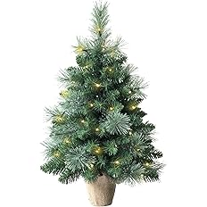 Photo 1 of 2ft Pre- Mini Artificial Christmas Tree,68 PVC Branches Tips & 17 Flowering Pine Needles & LED String Lights & Burlap Wrapped Base,Battery Operated Green Xmas Tree for Tabletop