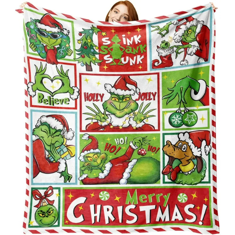 Photo 1 of Zzkol Merry Christmas Cartoon Flannel Blanket, Xmas Max Dog Stink Stank Stunk Throw Blanket Gifts for Kids Men Women, Funny Holiday Holly Jolly Hohoho Soft Blanket for Bedding Sofa 50 x 60 Inch