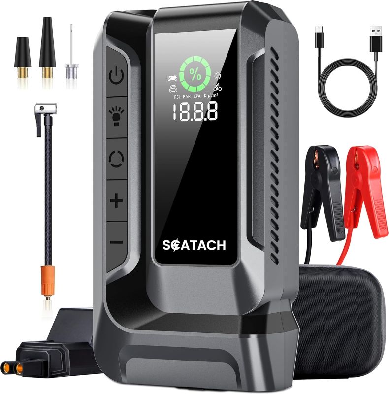 Photo 1 of Scatach Q16 4500A Car Jump Starter with Air Compressor, 150PSI Portable Jump Starter Battery Pack (12.0L Gas/10.0L Diesel), with QC3.0, Large Display, 3 Modes Flashlight and Jumper Cable
