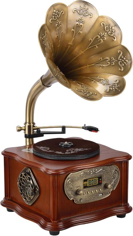 Photo 1 of Wooden Gramophone Vinyl Record Player Speakers System Control 33/45 RPM FM AUX USB Ouput Bluetooth 4.2
