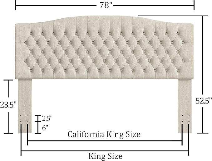 Photo 1 of Befurtori Linen Upholstered King/Cal King Headboard, Tufted Button Headboard Wall Mount Bed Frame Mount Neutral Curved Integrated Design with Solid Wood Head Board and Luxury Soft Padded, Ivory