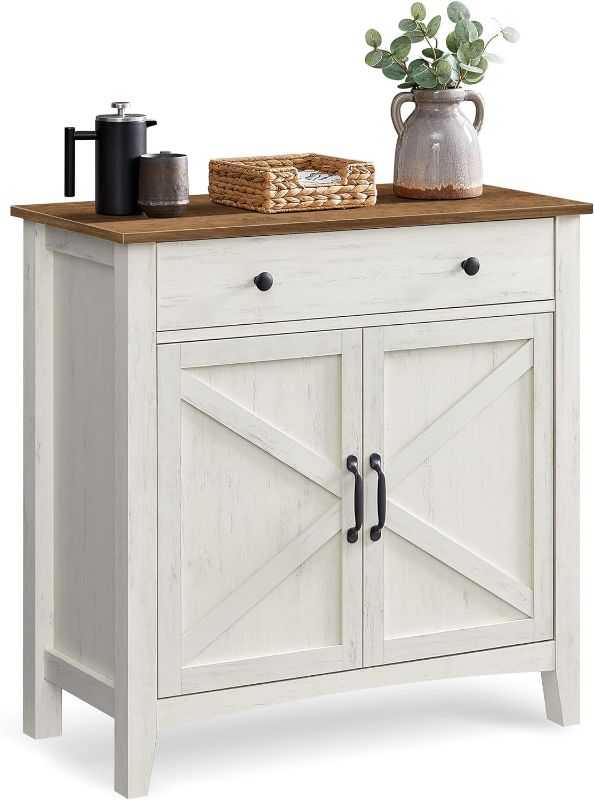 Photo 1 of VASAGLE Coffee Bar Cabinet, Kitchen Storage Cabinet with a Drawer, Farmhouse Cabinet Sideboard with Adjustable Shelf for Kitchen, Rustic White and Honey Brown UBBK341W01