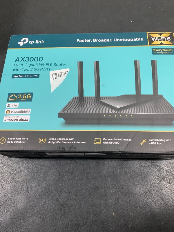 Photo 2 of TP-Link AX3000 WiFi 6 Router (Archer AX55 Pro) - Multi Gigabit Wireless Internet Router, 1 x 2.5 Gbps Port, Dual Band, VPN Router, OFDMA, MU-MIMO, USB Port, WPA3, Compatible with Alexa