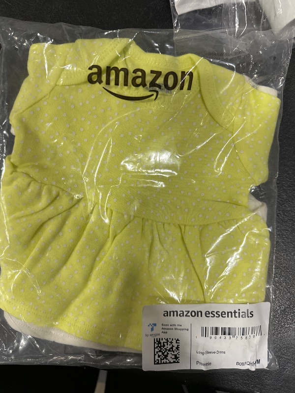 Photo 2 of Amazon Essentials Baby Girls' Cotton Long-Sleeve Dress, Pack of 3, Cream/Lemon Yellow Dots/Light Blue/Hippo, Preemie