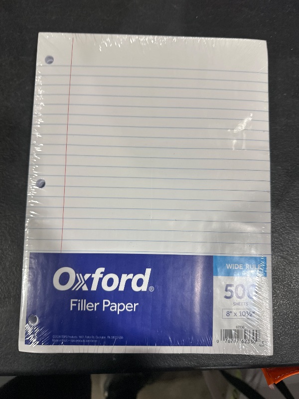 Photo 1 of Oxford Filler Paper, 8 x 10-1/2 Inch Wide Ruled Paper, 3 Hole Punch, Loose Leaf Notebook Paper for 3 Ring Binders, 500 sheets (62330), white