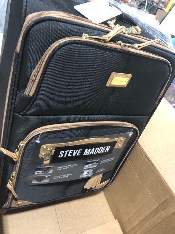 Photo 1 of Steve Madden Designer Luggage Collection - Lightweight 24 Inch Expandable Softside Suitcase - Mid-size Rolling 4-Spinner Wheels Checked Bag (Harlo Black)