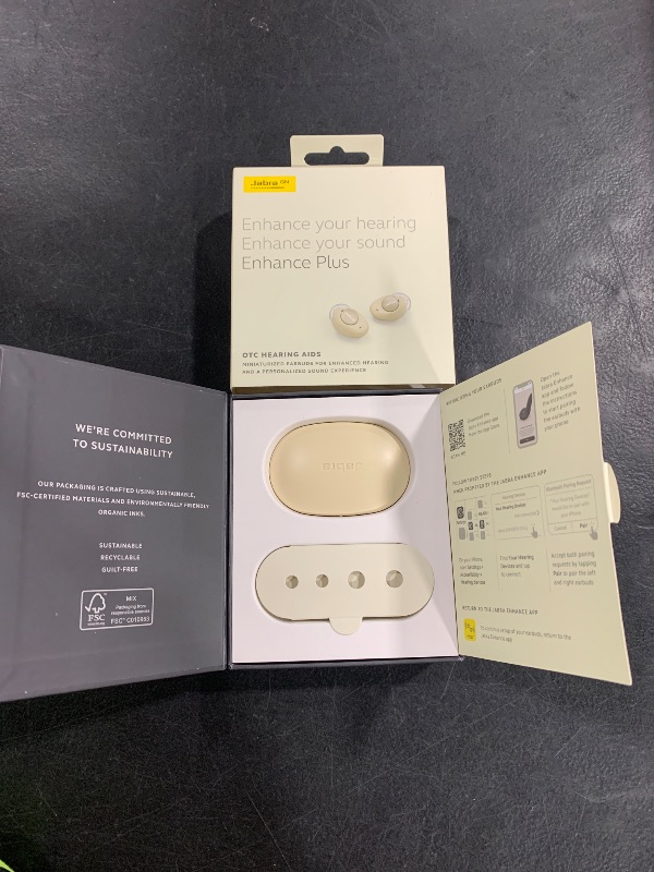 Photo 2 of Jabra Enhance Plus Self-Fitting OTC Rechargeable Hearing Aids for Advanced Hearing Enhancement, Music and Calls – (Incompatible with Android) 4 Mics and Powerful Speakers, Made for iPhone – Gold Beige