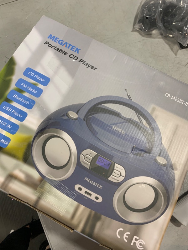 Photo 2 of MEGATEK Portable CD Boombox with FM Stereo Radio, Bluetooth, USB Port, and Backlit LCD Display | CD-R/CD-RW/MP3-CD Compatible | AUX Input | Headphone Jack | Programmable CD Player - Blue Jay