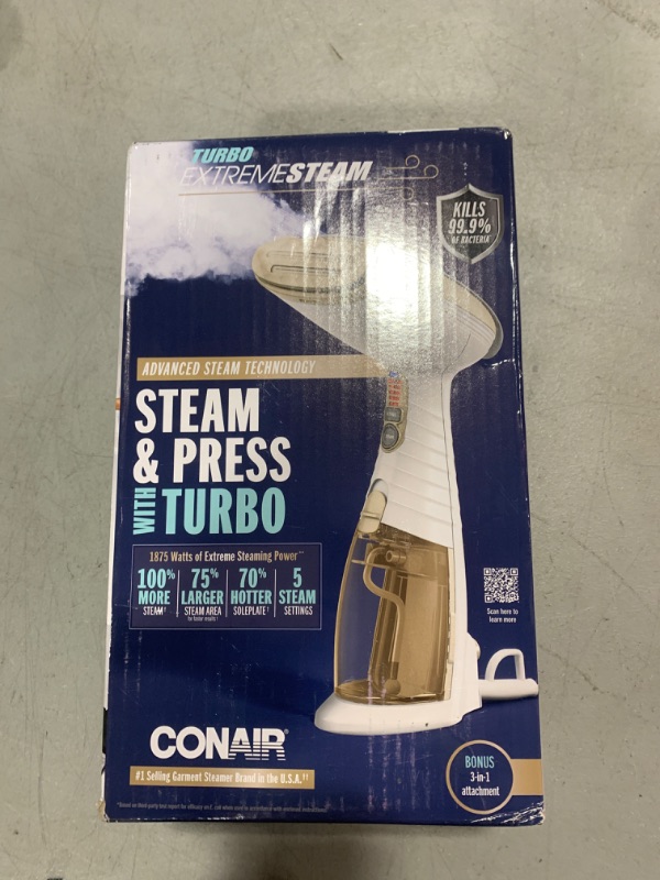 Photo 2 of Conair Handheld Garment Steamer for Clothes, Turbo ExtremeSteam 1875W, Portable Handheld Design, Strong Penetrating Steam, White / Champagne