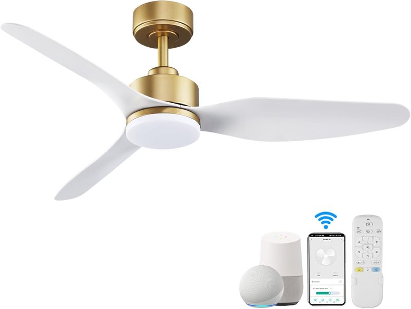 Photo 1 of 48 Inch Smart Ceiling Fans with Lights and Remote Control,Dimmable LED Light,Outdoor Indoor Gold White Ceiling Fan,Quiet DC Motor,WIFI Alexa App Workable,for Modern Bedroom Living Room Patio