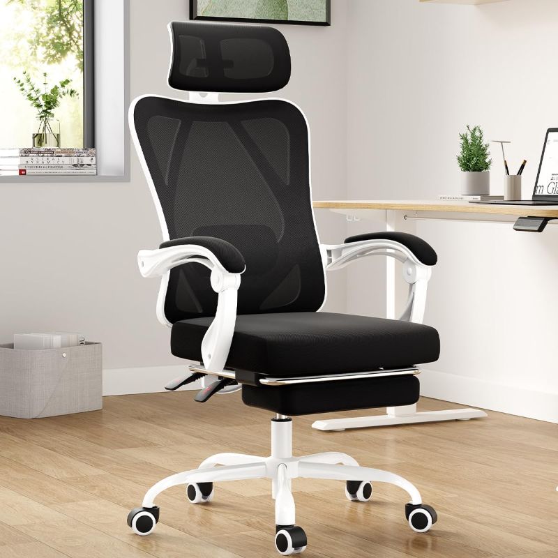 Photo 1 of Farini Ergonomic Office Chair with Footrest, Mesh Office Desk Chair with Headrest, High Back Computer Chair with Adjustable Lumbar Support.for Home Office Study Room Bedroom, Black. (White)