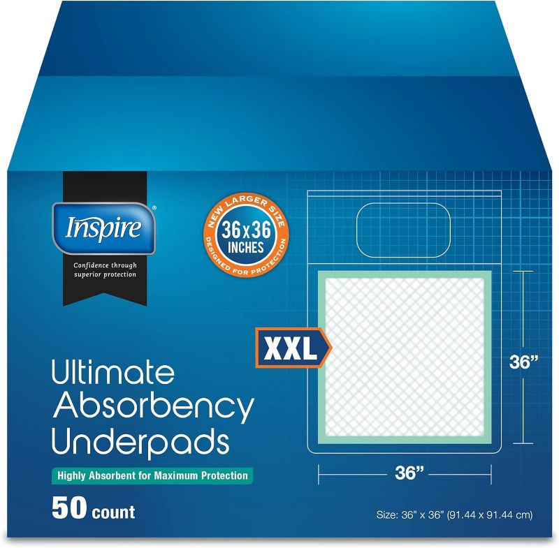 Photo 1 of Inspire Extra Large Super Absorbent Disposable Bed Pads for Incontinence (36" X 36" Pack of 50) Ultra Thick and Absorbent Underpads Chux Adults, Puppies, Dogs Kids Furniture Protection