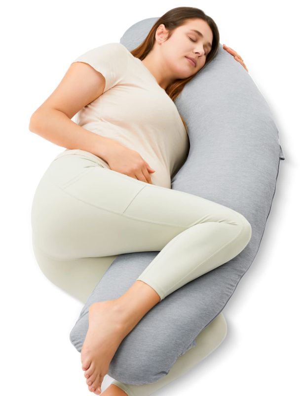 Photo 1 of Momcozy J-Shaped Pregnancy Pillow for Sleeping with Cooling Cover – Maternity Body Pillow for Pregnant Women, Side Sleeper Support for Belly, Hip & Leg, Deep Grey