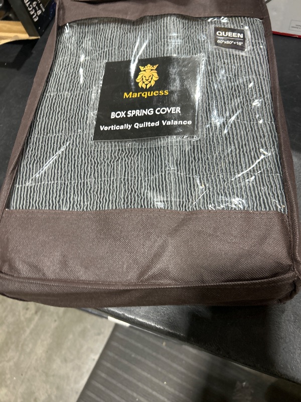 Photo 1 of Marquess Box Spring Cover-Wrap Around Elastic.Vertical Stripe Pattern Bed Skirt Alternative.15’’Drop Length (Charcoal, Queen)