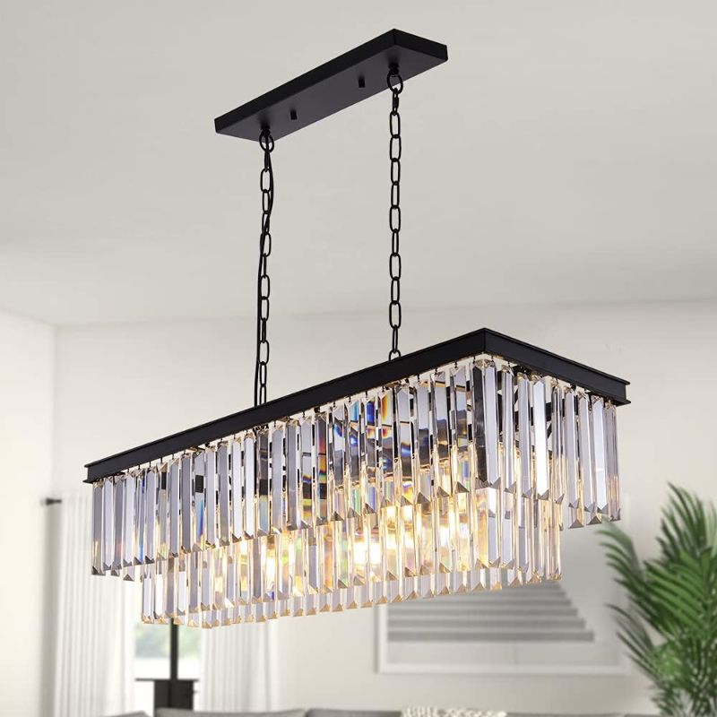 Photo 1 of Wellmet Black Crystal Chandelier, 9-Light Modern Farmhouse Chandeliers Dining Room Lighting Fixture, Adjustable Rectangle Hanging Ceiling Light for Living Room,Pool Table Light, Kitchen Island
