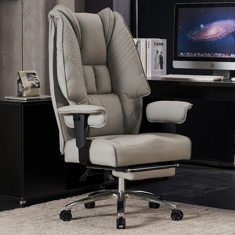 Photo 1 of Big and Tall Office Chair 400lbs Wide Seat, Leather High Back Executive Office Chair with Foot Rest, Ergonomic Office Chair Lumbar Support for Lower Back Pain Relief (Light Grey)
