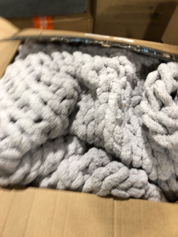 Photo 2 of Bigacogo Chunky Knit Throw Blanket for Couch, 80x90 inches, 100% Hand Knitted with Thick Jumbo Chenille Yarn, Cozy Soft Large Rope Knot Cable Crochet Blankets for Sofa Bed Living Room, Light Grey