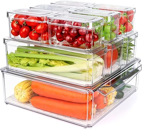 Photo 1 of 10 Pack Refrigerator Pantry Organizer Bins, Stackable Fridge Organizer Bins with Lids, Clear Plastic Food Storage Bins for Kitchen, Countertops, Cabinets, Fridge, Drinks, Fruits, Vegetable, Cereals
