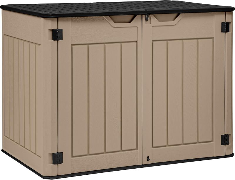 Photo 1 of YITAHOME Large Outdoor Horizontal Storage Shed, 47 cu ft Resin Tool Shed w/o Shelf, Outdoor Waterproof Storage with Floor for Trash Cans, Garden Tools, Lawn Mower, Lockable, 4.5x2.8x3.9 ft, Brown