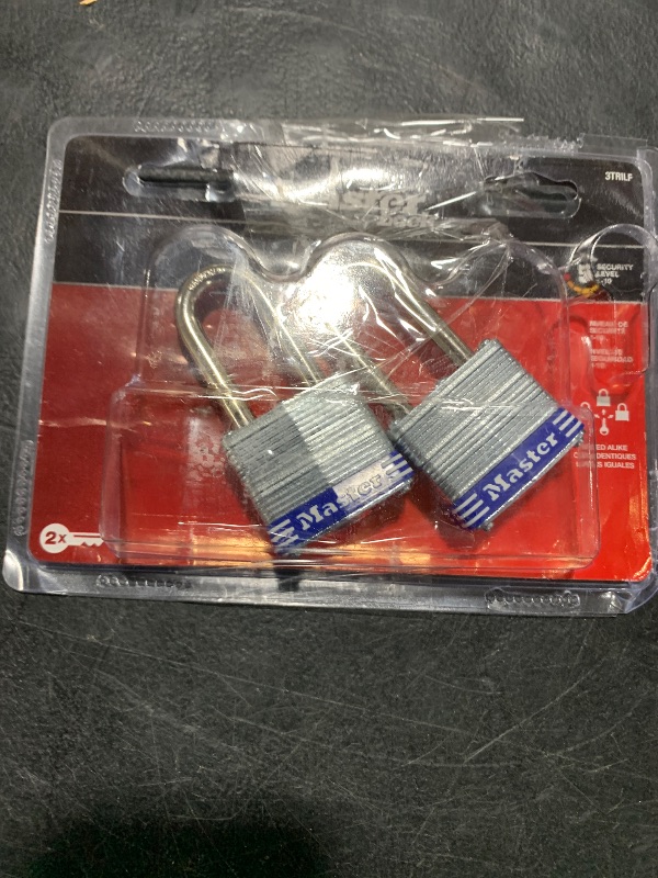 Photo 1 of Master Lock Outdoor Padlocks, Lock Set with Keys, Keyed Alike Padlocks with Long Hardened Shackles that Resist Cutting for Gates, Sheds, Fences, 3 Pack, 3TRILF