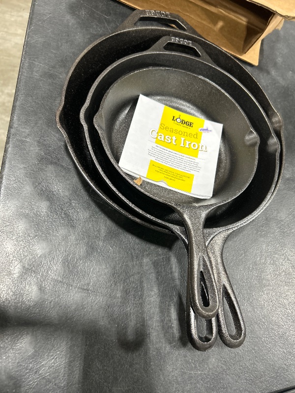 Photo 2 of Lodge Pre-Seasoned Cast Iron Skillet Set - Set Includes 8 Inch Skillet, 10.25 Inch Skillet, and 12 inch Skillet - 3 Piece