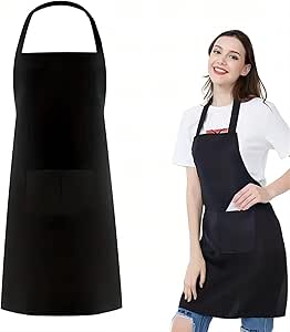 Photo 1 of  Bib Apron, Unisex Aprons Adjustable Thicker Version Waterdrop Resistant with 2 Pockets Cooking Kitchen Aprons for Women Men Chef, BBQ Drawing Apron Bulk, Black