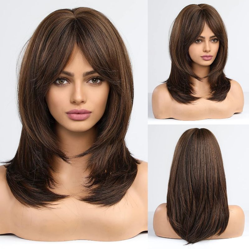 Photo 1 of Alanhair Brown Wigs for Women,HAIRCUBE Long Layered Wigs with Bangs Heat Resistant Synthetic Fibre Wigs
