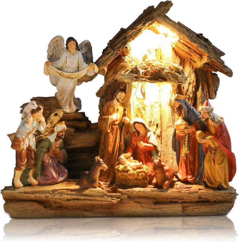 Photo 1 of **DAMAGED, ONE OF THE FIGURINES IS DETACHED**
Christmas Family Decoration, Nativity Set with Figurines for Tabletop, Resin Stable Nativity Scene Light up LED Christmas Decorations for Home, Vintage Style Christmas Decoration