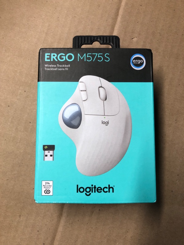 Photo 1 of Logitech Ergo M575S Wireless Trackball Mouse, Wireless Ergonomic Mouse with Bluetooth and Encrypted Dongle, Comfortable Thumb Control, Precise and Smooth Tracking, for PC/Mac - Off-White Blue Ball
