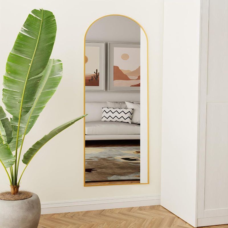 Photo 4 of (FAIR) Arched Full Length Mirror 64"x21" Full Body Floor Mirror Standing Hanging or Leaning Wall, Arch Wall Mirror with Stand Aluminum Alloy Thin Frame for Bedroom Cloakroom Gold