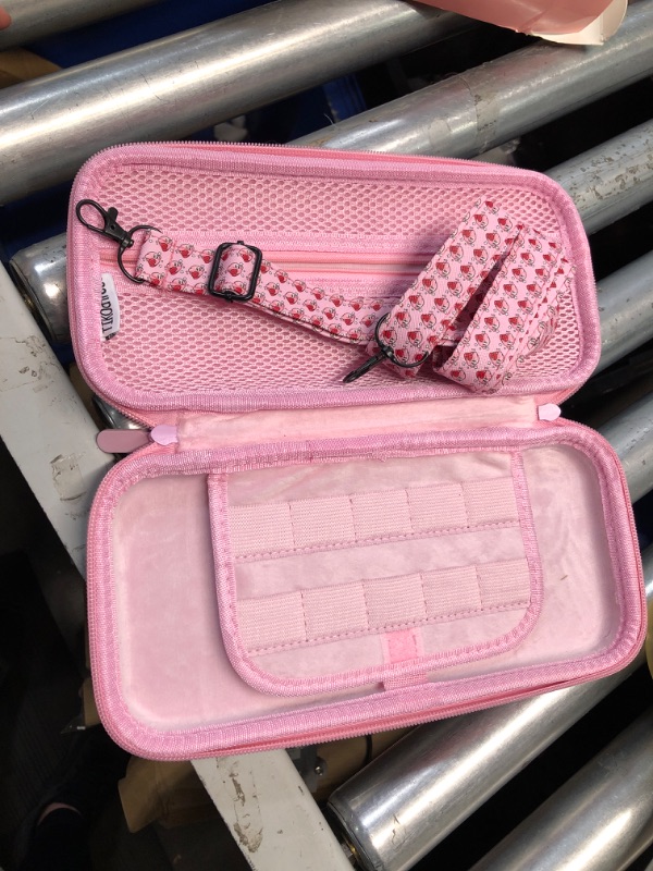 Photo 3 of **CASE AND STRAP ONLY, MISSING ALL OTHER ACCESSORIES** TIKOdirect Carrying Case for Nintendo Switch, Cute Portable Accessories Bundle 5 in 1 of Pink Interior with Soft Protective Case, Screen Protectors and Thumb Grip caps, Kirby