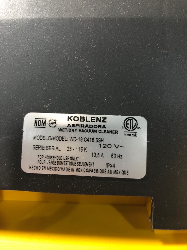 Photo 4 of ***USED - DOESN'T POWER ON - UNABLE TO TROUBLESHOOT - LIKELY MISSING PARTS - SEE PICTURES***
Koblenz Contractor Wet/Dry Vac, 16 Gal Stainless Steel 6.5HP 2-Stage Quiet Motor, Stainless (WD-16 C416SSH)