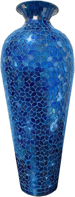 Photo 1 of (FAIR) Mosaic Vase, Floor Vase, Tall Vase, 20 Inch Decorative Mosaic Flower Vase, Vedic Accent Vase with Floral Pattern Glass Mosaic Inlay- Cobalt Blue
