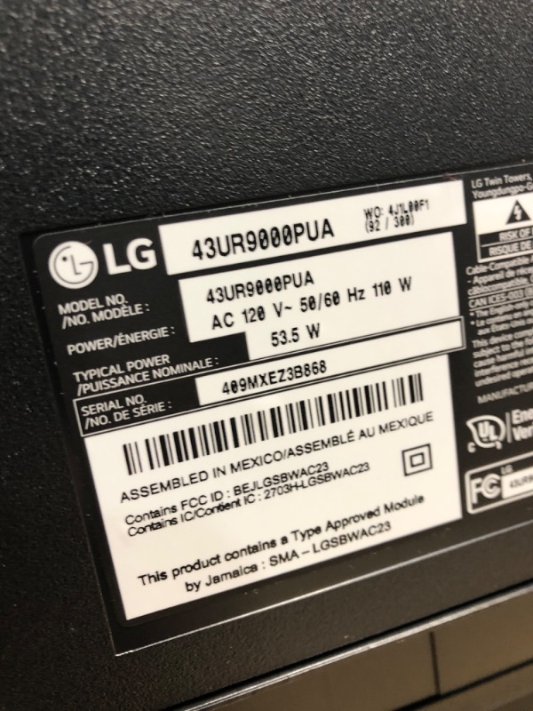 Photo 4 of ***MISSING REMOTE, POWER CORD, AND A LEG - POWERS ON - UNABLE TO TEST FURTHER - SEE PICTURES***
LG 43-Inch Class UR9000 Series Alexa Built-in 4K Smart TV (3840 x 2160),Bluetooth, Wi-Fi, USB, Ethernet, HDMI 60Hz Refresh Rate, AI-Powered 4K