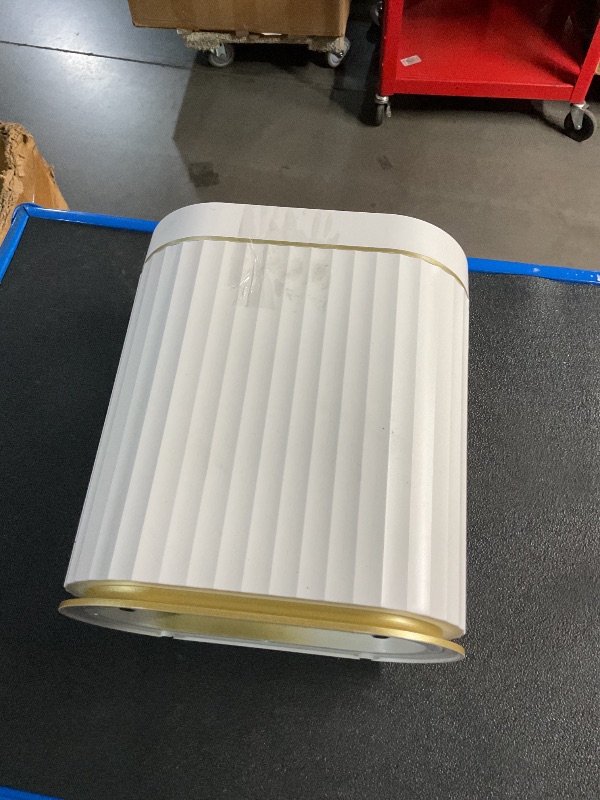 Photo 1 of ELPHECO Automatic Motion Sensor Trash Can - 2 Gallon Slimline for Bathroom, Bedroom, Kitchen, Office - White with Gold Trim