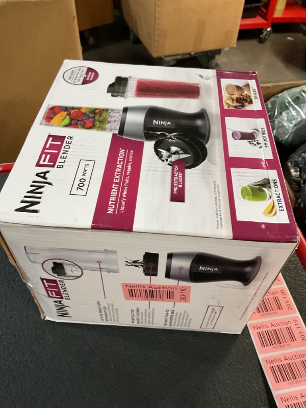 Photo 1 of Ninja Fit Compact Personal Blender, Portable Blender for-Smoothies, Shakes, Food Prep, and Frozen Blending, 700-Watt Base, (2) 16-oz. Cups and Spout Lids, Black QB3001SS