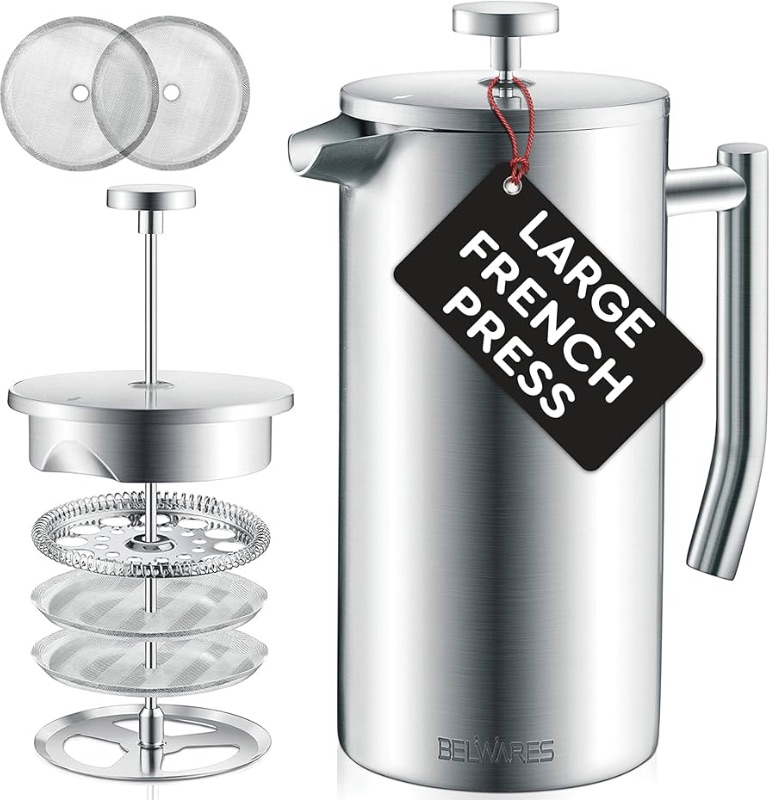 Photo 1 of 
Belwares French Press Coffee Maker 50 Oz – Insulated Coffee Press Stainless Steel 304 Large – Double Wall, & 4 Level Filtration System (1.5 Liter) – Silver