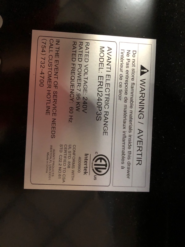 Photo 1 of ***TRUCK/TRAILER PICKUP ONLY - MAJOR DAMAGE - SEE COMMENTS***
Avanti ERU240P3S ERU240 24" Electric Range Oven with Framed Glass Door, in Stainless Steel