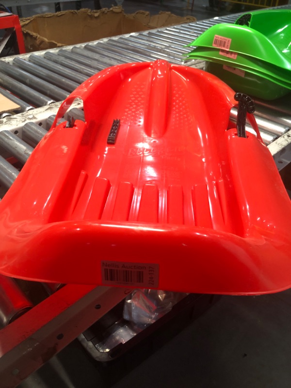 Photo 1 of ***MISSING ONE BRAKE***Era 38-inch Megablitzen Adventurer Sled with Hand Brakes and Tow Rope — 1 Rider Kids' Plastic Toboggan, Red
