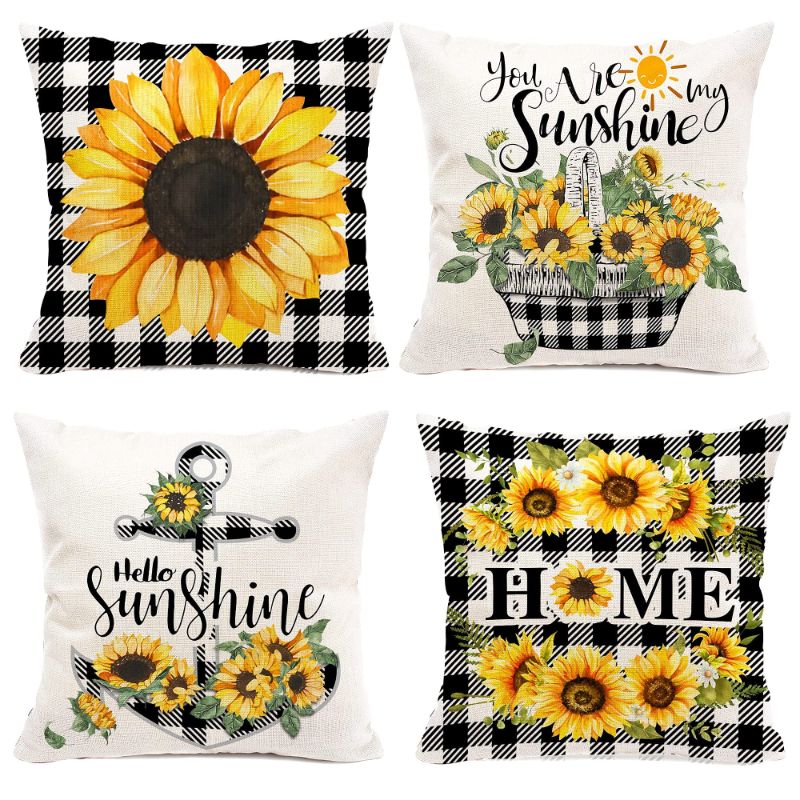Photo 1 of *BUNDLE ITEMS 2 PACK* pinata Decorative Sunflower Pillow Cover 18x18 Set of 4, Yellow Black Buffalo Plaid Throw Pillow Cover, Farmhouse Sunflower Decor for Home Outdoor Sofa Couch, fall flower pillow case (No Insert) 4 Pack 18''x18'' Black